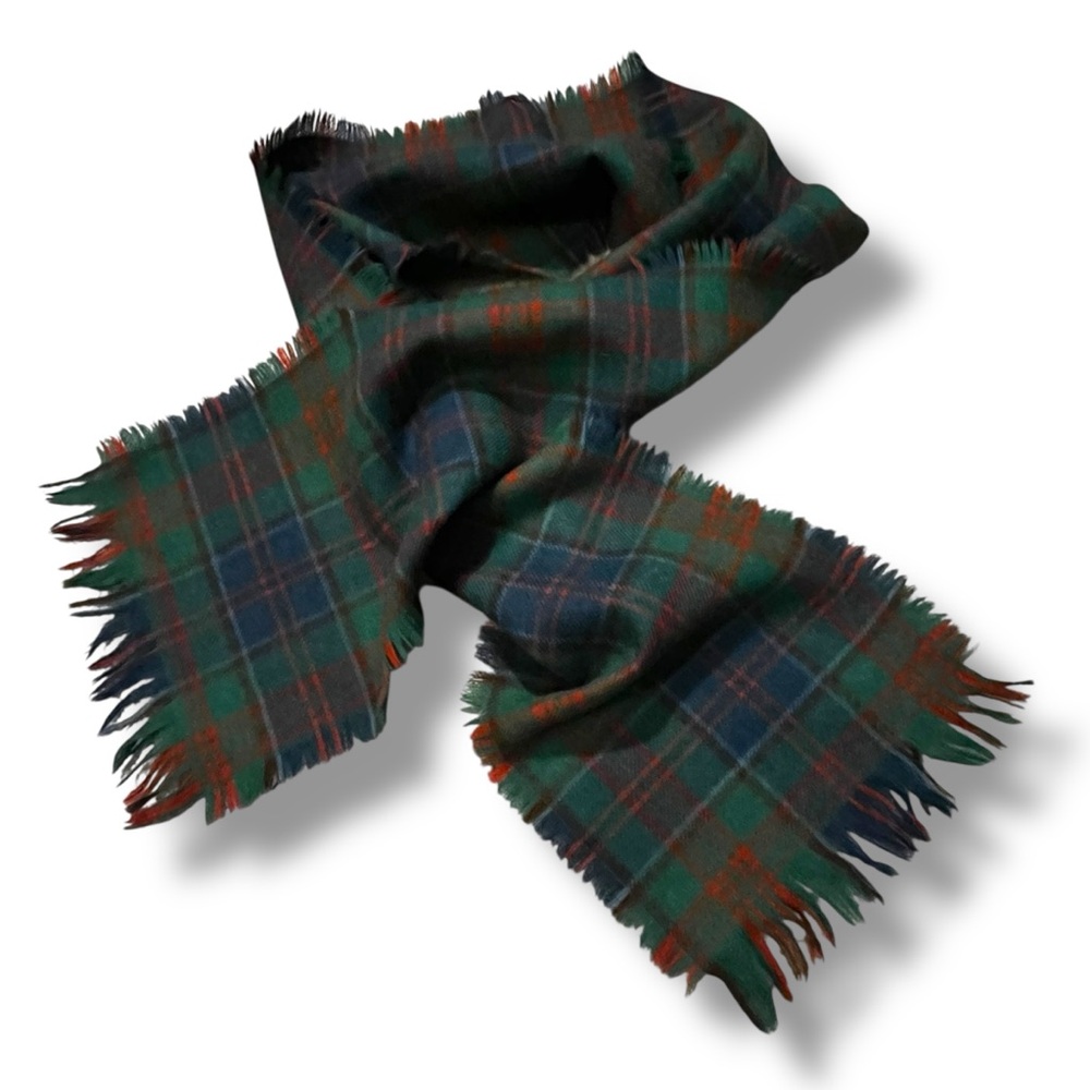 Deweys of Vermont Plaid Wool Scarf Fringe Edge Green Vintage 60"x9"